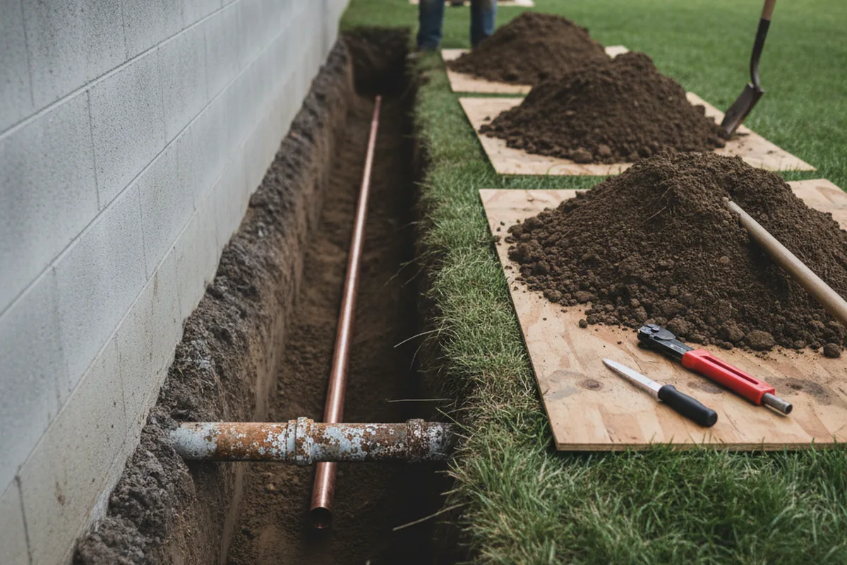Excavated water line trench during Water Softener Installation in Duncans Mills